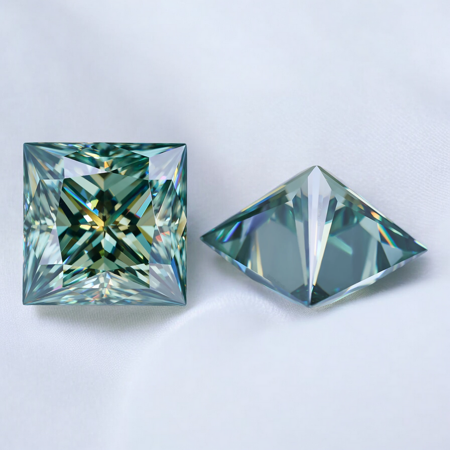 Blueish Green Princess Cut Moissanites