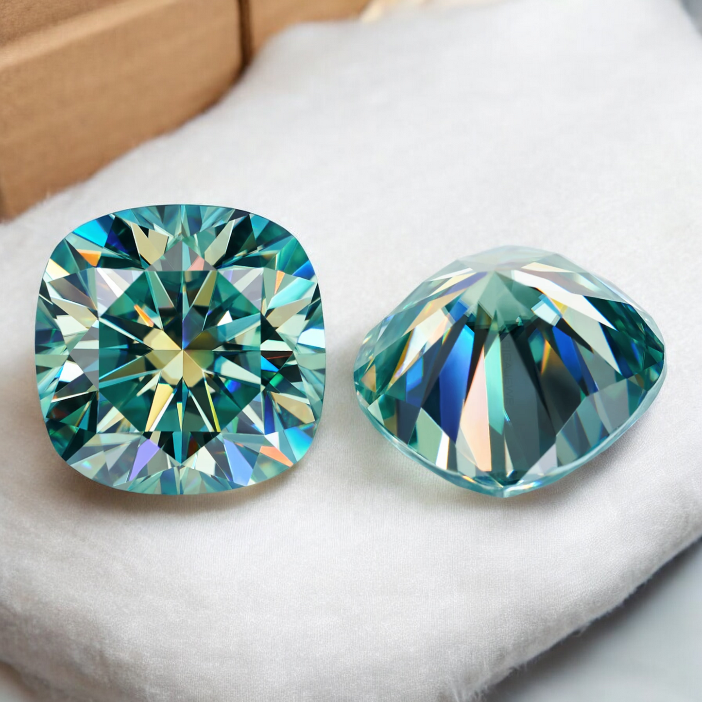 Blueish Green Cushion Cut Moissanites