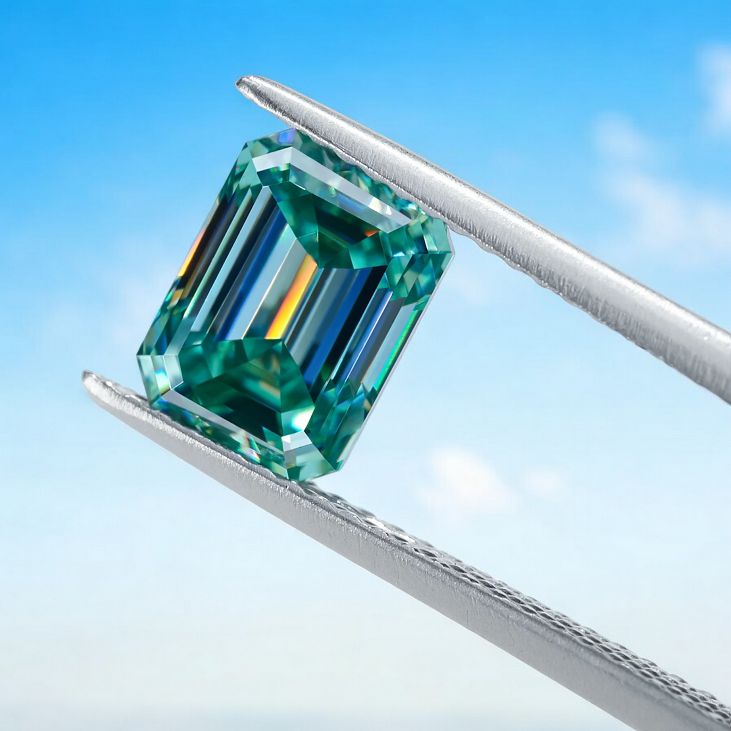 Bluish Green Emerald Cut Moissanites