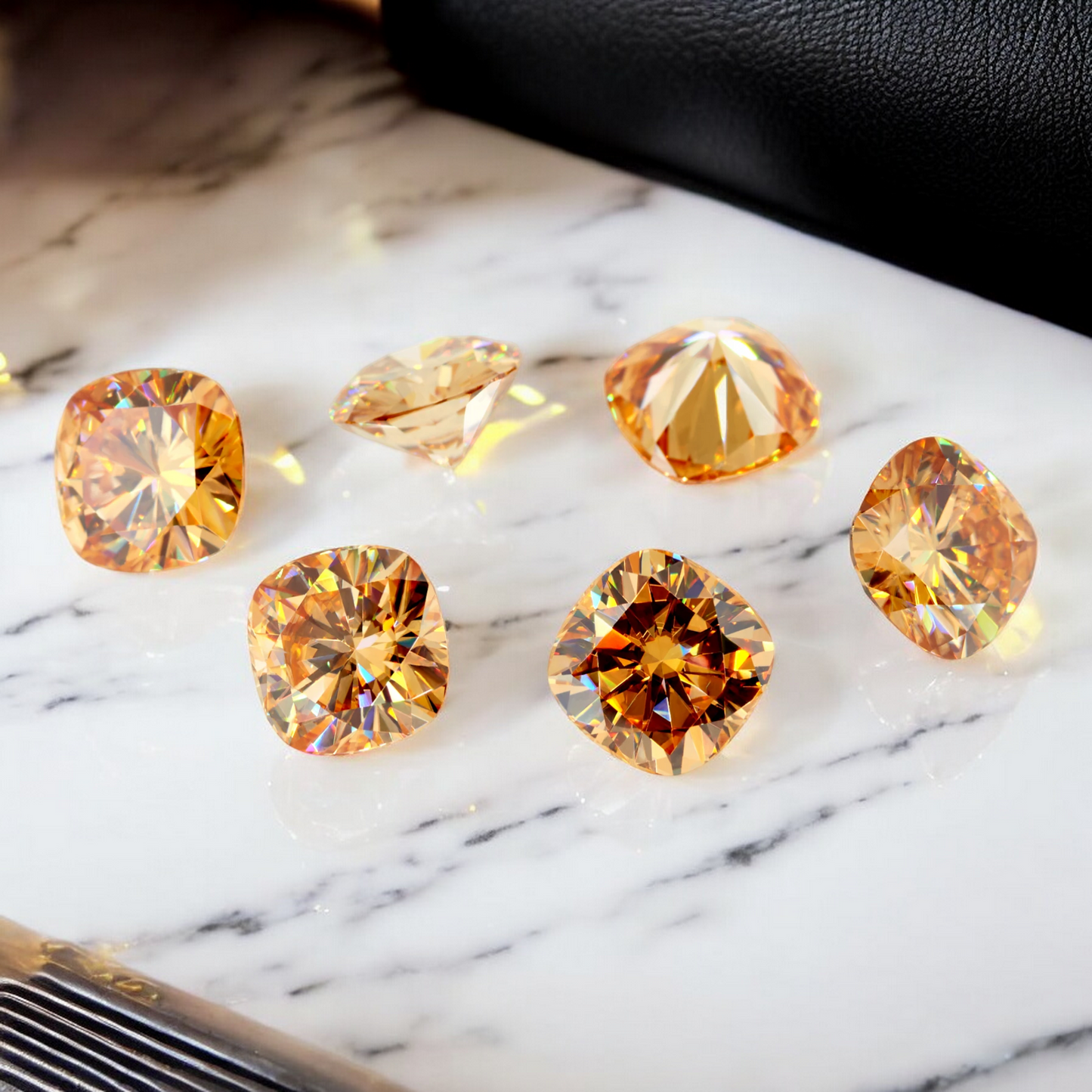 Vivid Champagne Cushion Cut Moissanites