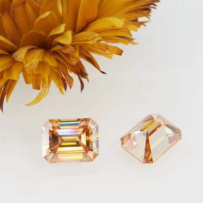 Vivid Champagne Emerald Cut Moissanites