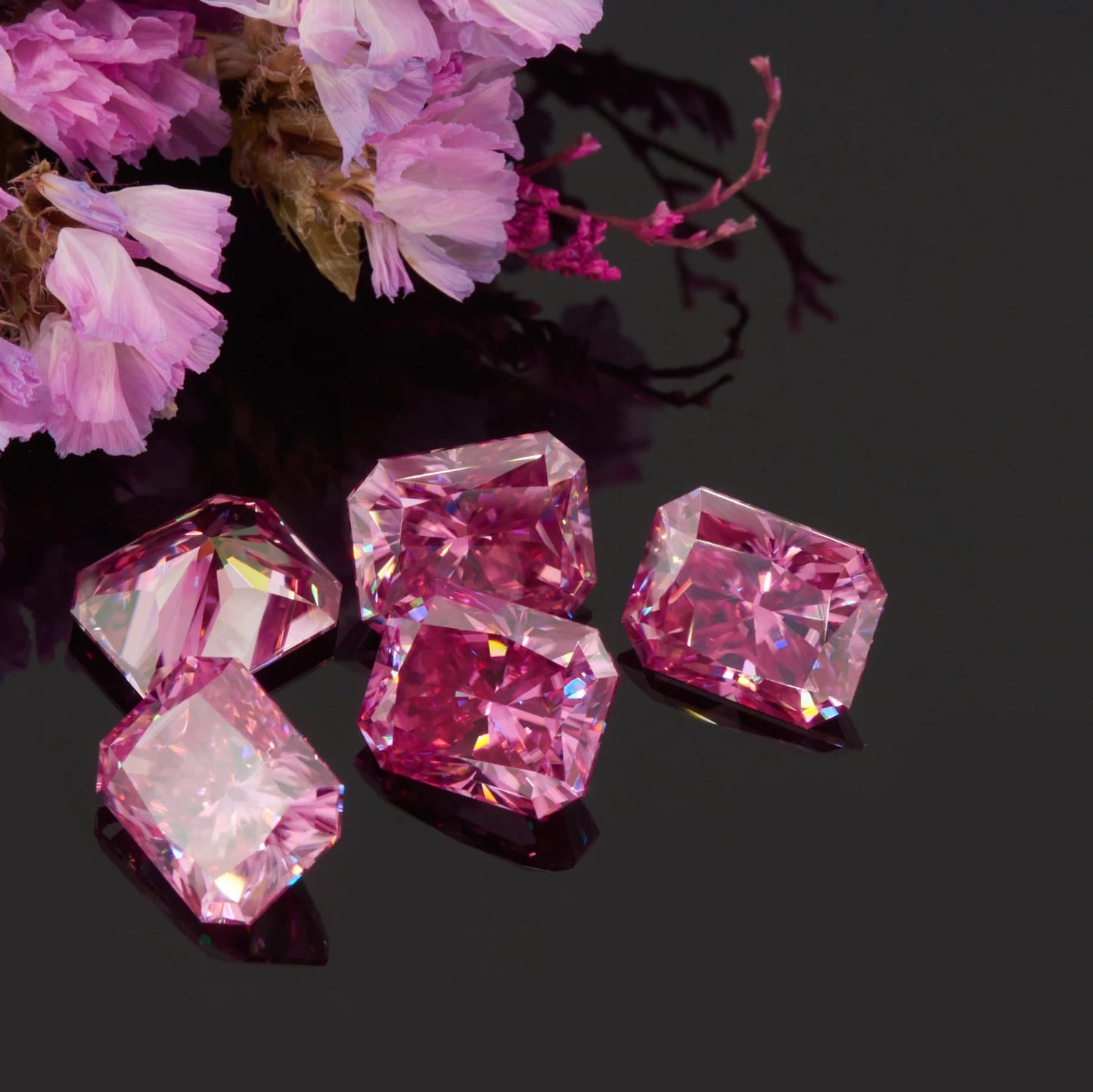 Vivid Pink Radiant Cut Moissanites