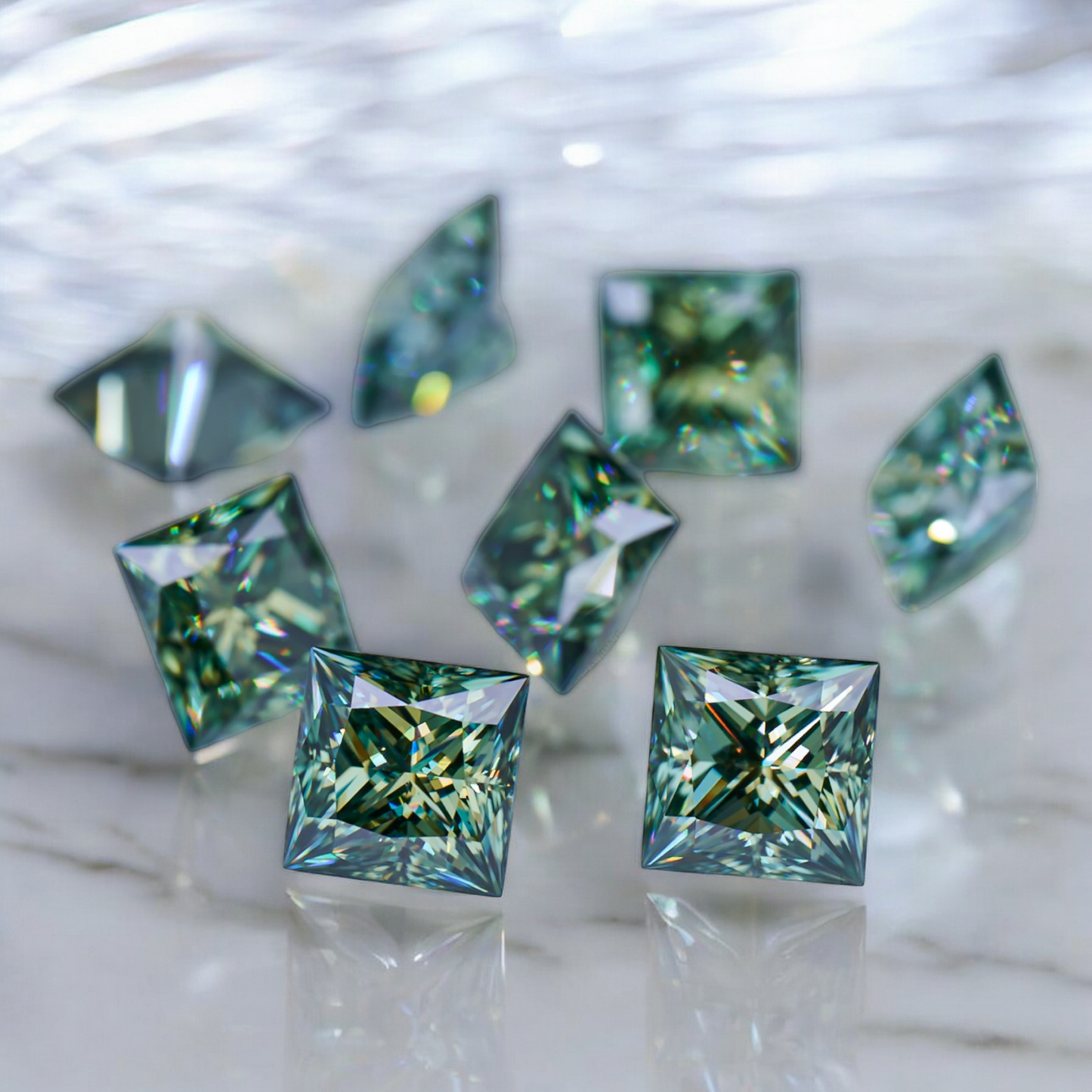 Blueish Green Princess Cut Moissanites