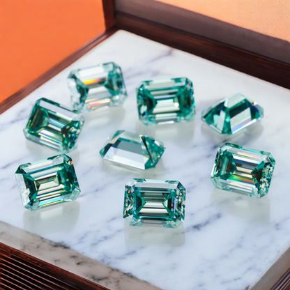 Bluish Green Emerald Cut Moissanites