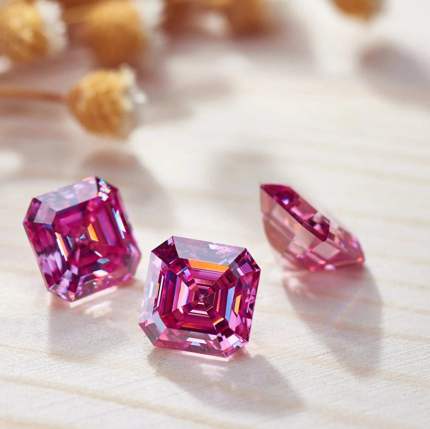 Vivid Pink Asscher Cut Moissanites