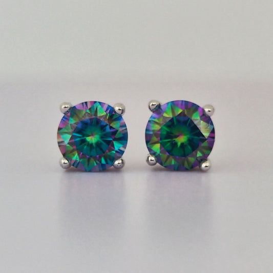 Round Brilliant Cut Rainbow Moissanite Stud Earrings