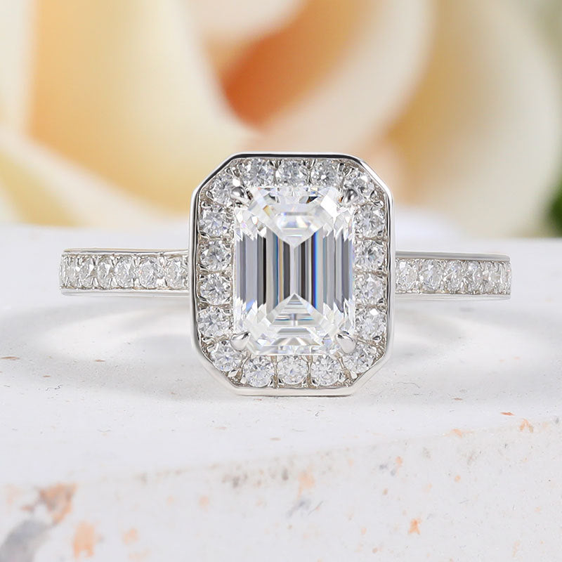 Dazzling Delights Emerald Cut Moissanite Halo Ring