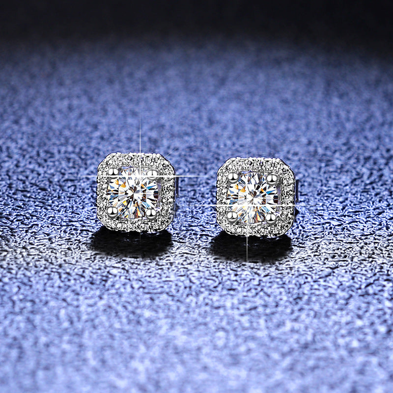 Dazzling Delights Round Brilliant Cut Moissanite Square Halo Stud Earrings