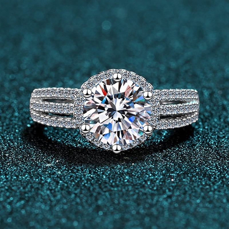 Dazzling Delights Round Brilliant Cut Moissanite Tri-Band Halo Ring