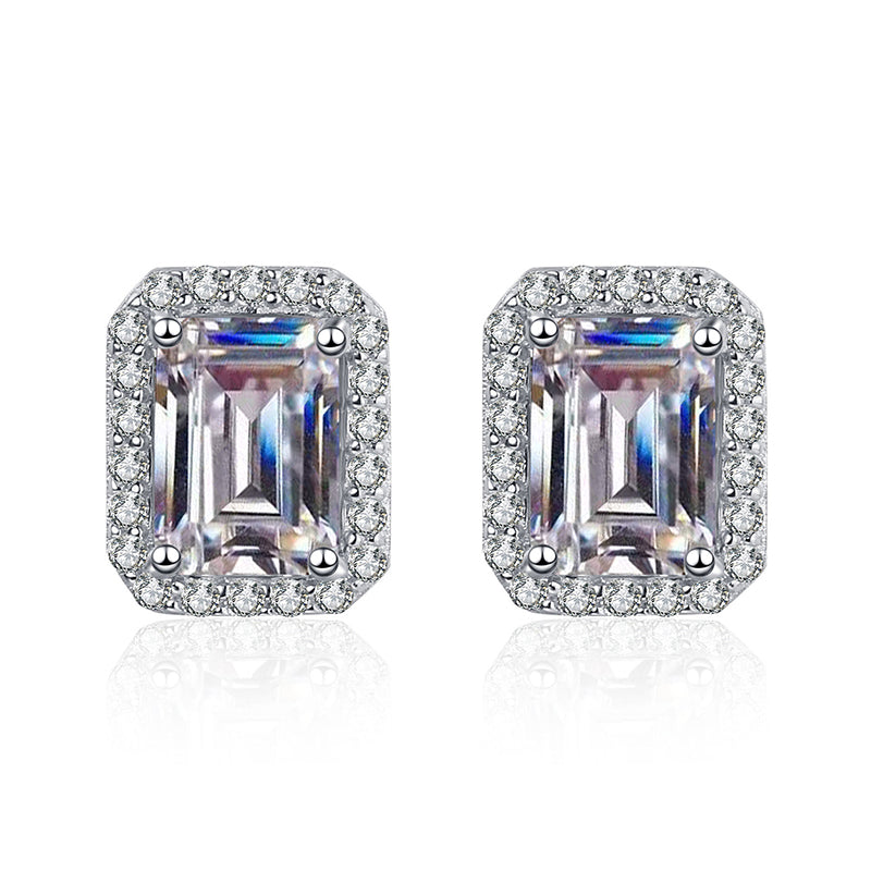 Dazzling Delights Emerald Cut Moissanite Stud Halo Earrings