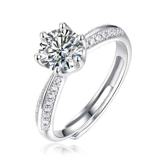 Dazzling Delights 1.0Ct 6.5mm Round Brilliant Cut Adjustable Moissanite 6 Prong Side Stone Ring