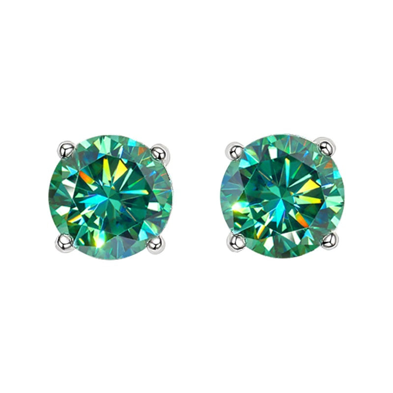 Round Brilliant Cut Green Moissanite 4-Claw Stud Earrings