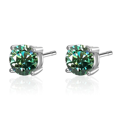 Dazzling Delights Round Brilliant Cut Blue-Green Moissanite 4-Claw Stud Earrings