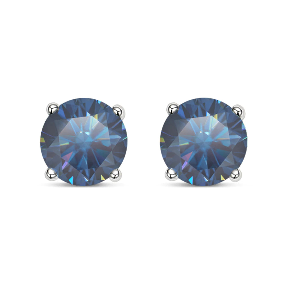 Round Brilliant Cut Blue Moissanite 4-Claw Stud Earrings