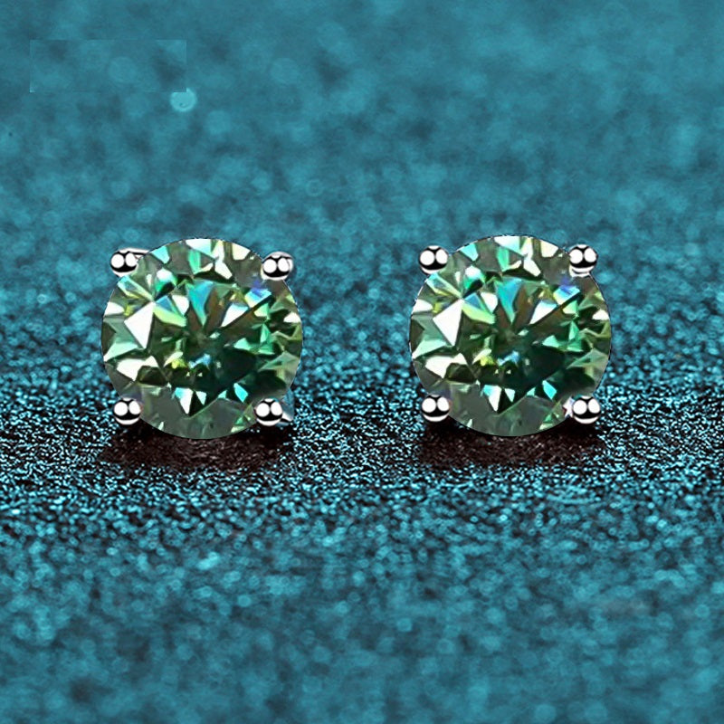 Dazzling Delights Round Brilliant Cut Blue-Green Moissanite 4-Claw Stud Earrings