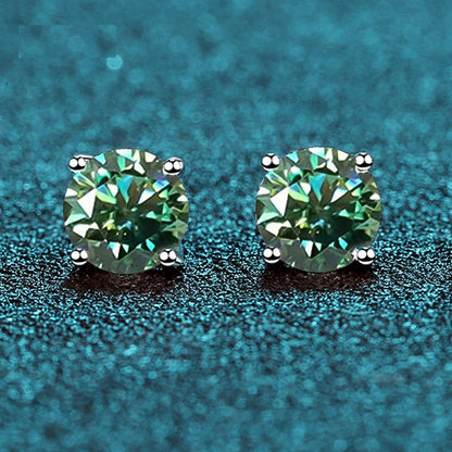 Dazzling Delights Round Brilliant Cut Blue-Green Moissanite 4-Claw Stud Earrings