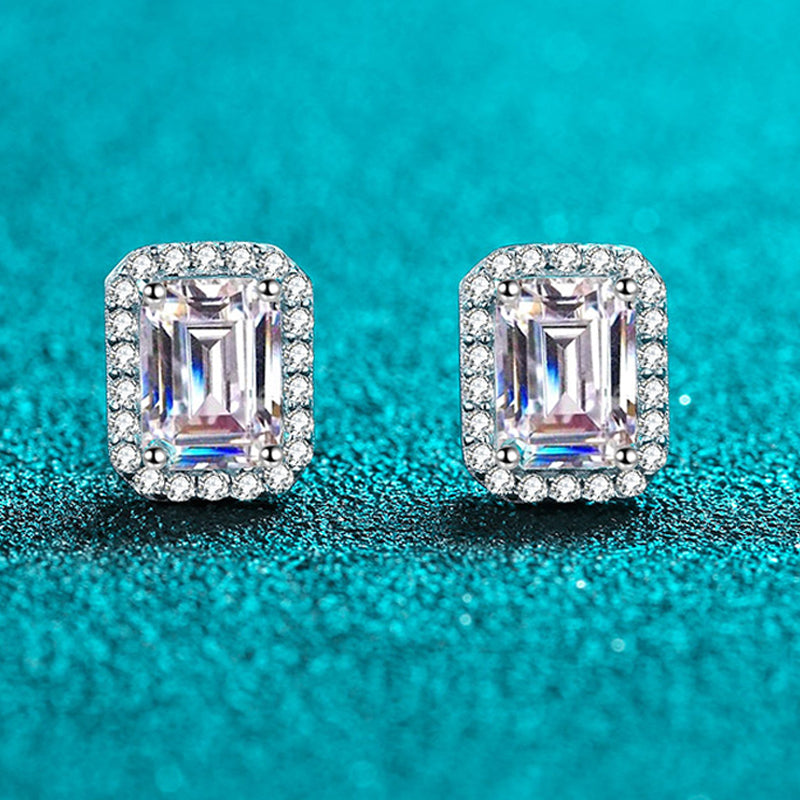 Dazzling Delights Emerald Cut Moissanite Stud Halo Earrings