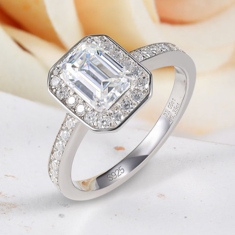 Dazzling Delights Emerald Cut Moissanite Halo Ring