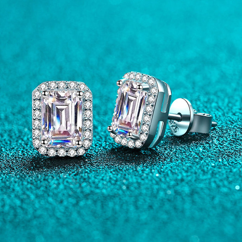 Dazzling Delights Emerald Cut Moissanite Stud Halo Earrings