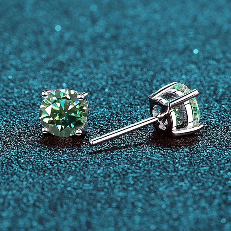 Dazzling Delights Round Brilliant Cut Blue-Green Moissanite 4-Claw Stud Earrings