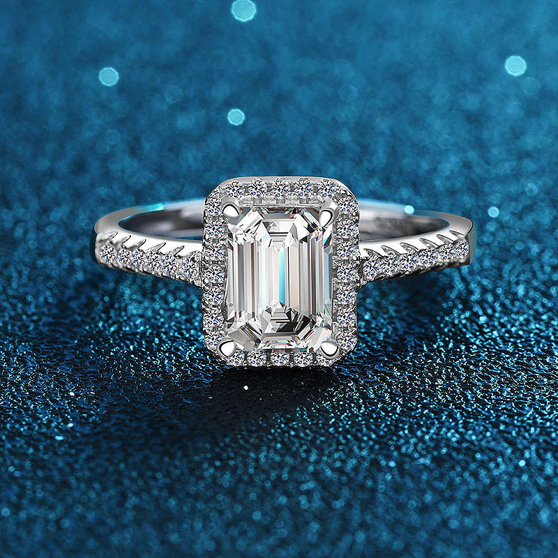 Dazzling Delights Emerald Cut Moissanite Halo Ring