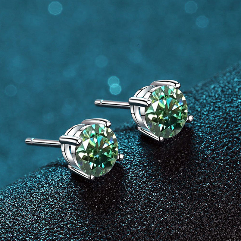 Dazzling Delights Round Brilliant Cut Blue-Green Moissanite 4-Claw Stud Earrings