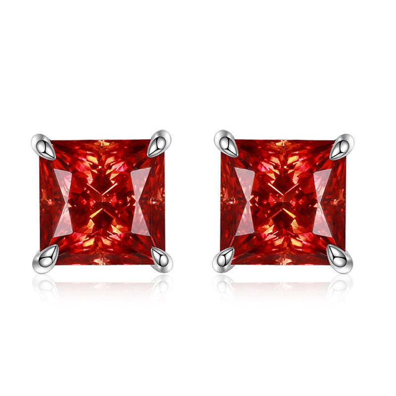 Princess Cut Red Moissanite Stud Earrings