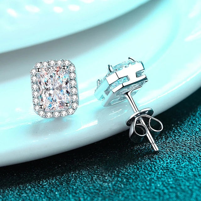 Dazzling Delights Radiant Cut Moissanite Stud Halo Earrings