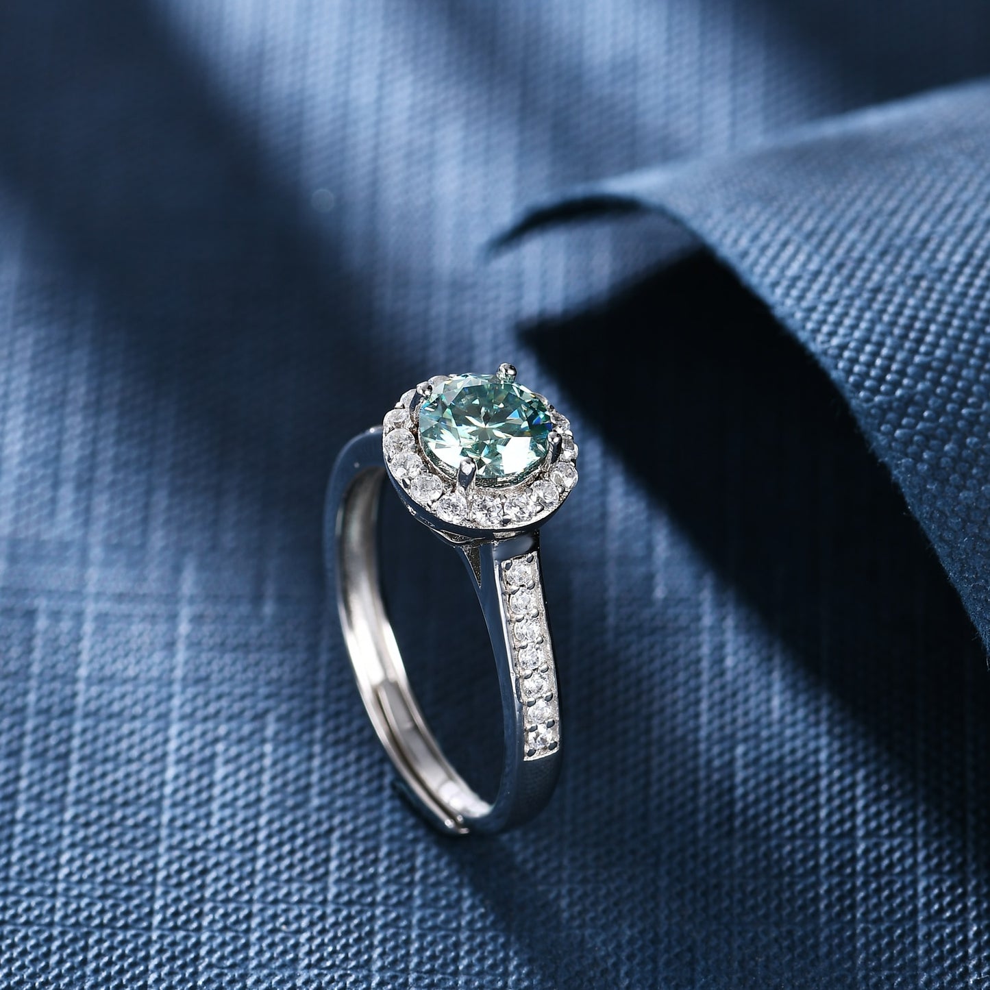 Dazzling Delights 1ct 6.5mm Green Moissanite 6 Claw Halo Adjustable Ring