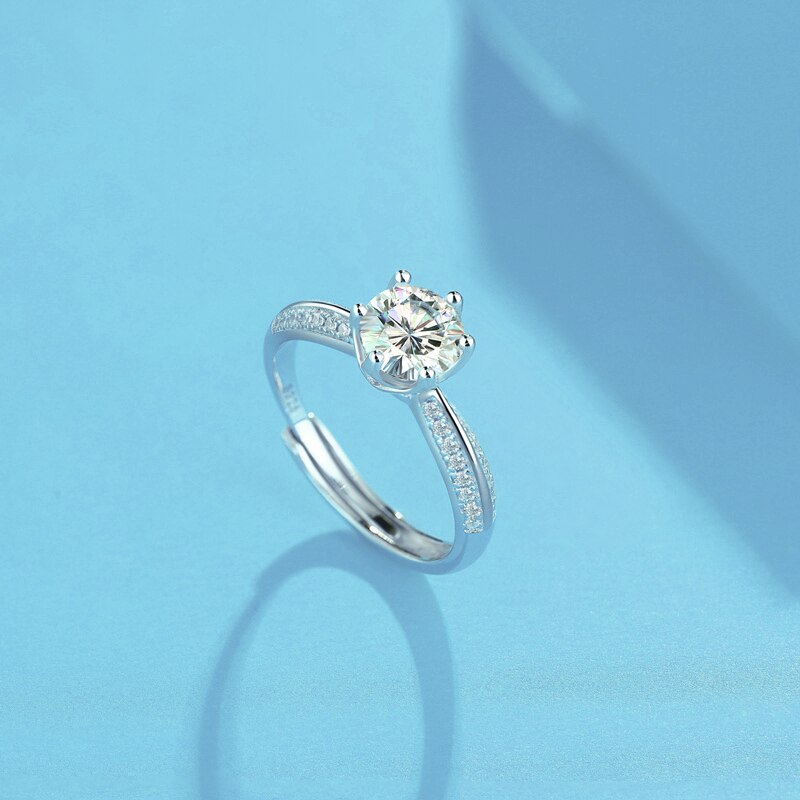 Dazzling Delights 1.0Ct 6.5mm Round Brilliant Cut Adjustable Moissanite 6 Prong Side Stone Ring